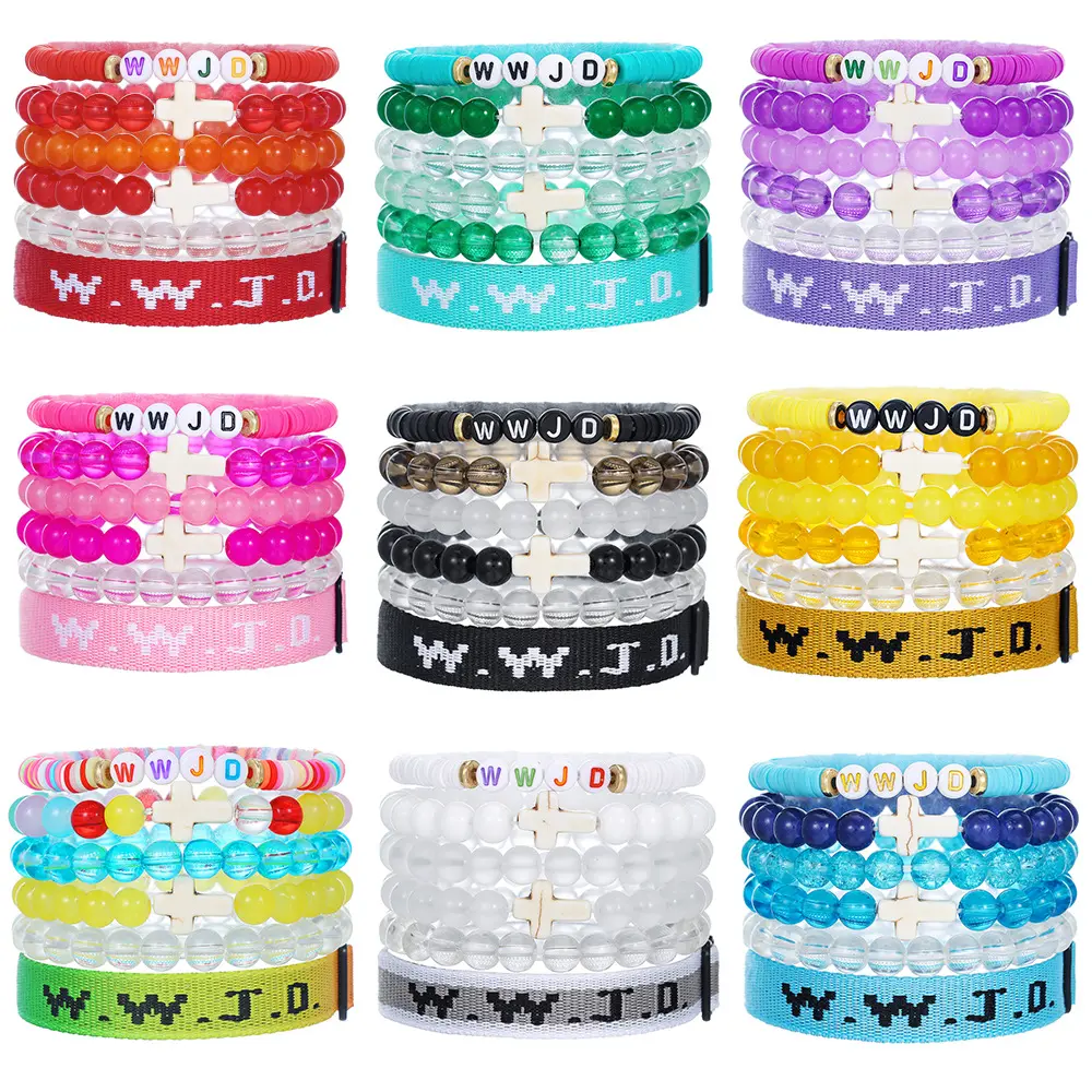 6Pcs/set Simple WWJD Letter Jacquard  Beaded Bracelet Set for Men and Women Sports Bracelet Adjustable Bracelet Couple Jewelry Gift