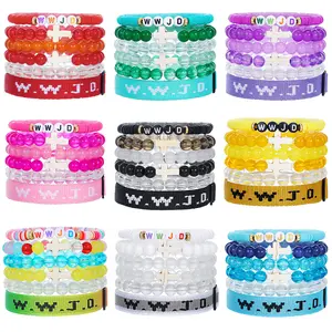 6Pcs/set Simple WWJD Letter Jacquard  Beaded Bracelet Set for Men and Women Sports Bracelet Adjustable Bracelet Couple Jewelry Gift