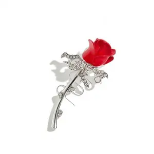 Red Rose Brooch Pin – Silver-Tone Rhinestone Flower Lapel Pin for Dress, Suit, Scarf & Hat (Gift-Ready)