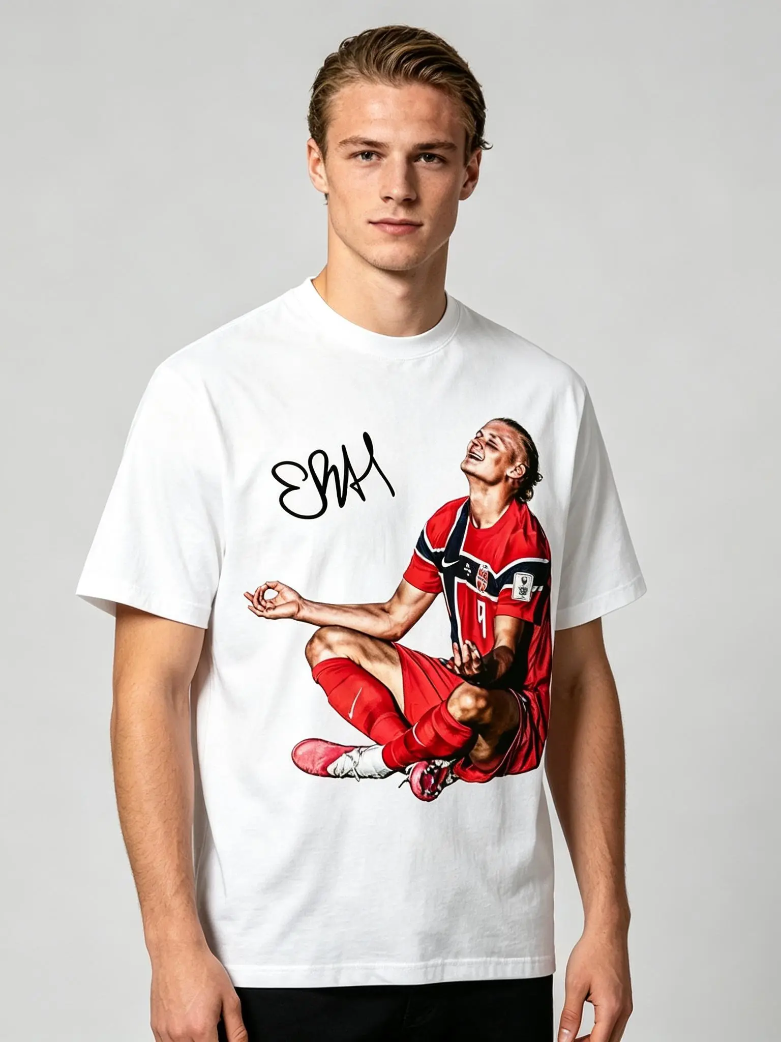 Erling Haaland Meditation Celebration Graphic T-Shirt, Norway No. 9 Football Cotton Tee, Vintage Soccer Fan Streetwear Shirt, Unisex Casual Top