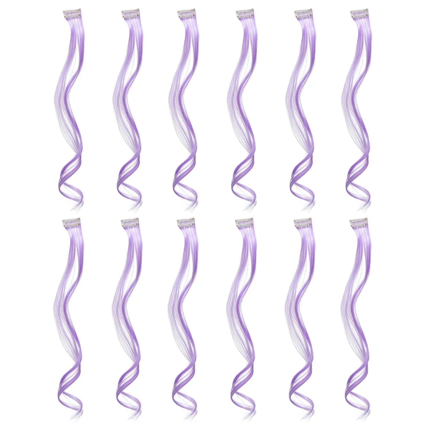 12 Curly Wavy One Color Party Highlights Clip on in Hair Extensions Colored Streak Synthetic Hairpieces (Lilac Purple)