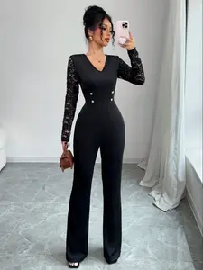Autumn Winter New Women's Slim-Fit Long Sleeve Jumpsuit, Elegant Casual Style, Thin Fabric, Perfect for Spring & Fall Seasons