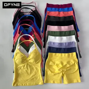 DFYNE Seamless Halter Tank Top & Shorts Set| Padded Ruched Plunge Longline Sports Bra with High Waisted Tummy Control Biker Shorts 2-Piece Outfit
