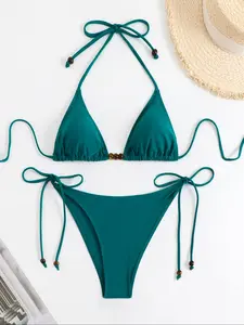 Two-Piece Set Women's Solid Beaded Tie Back Bikini Set, Boho Fashion Halter Triangle Swim Top & Tie Side Swim Bottom for Beach Holiday Vacation, Ladies Summer Clothes, Bikini Swimwear