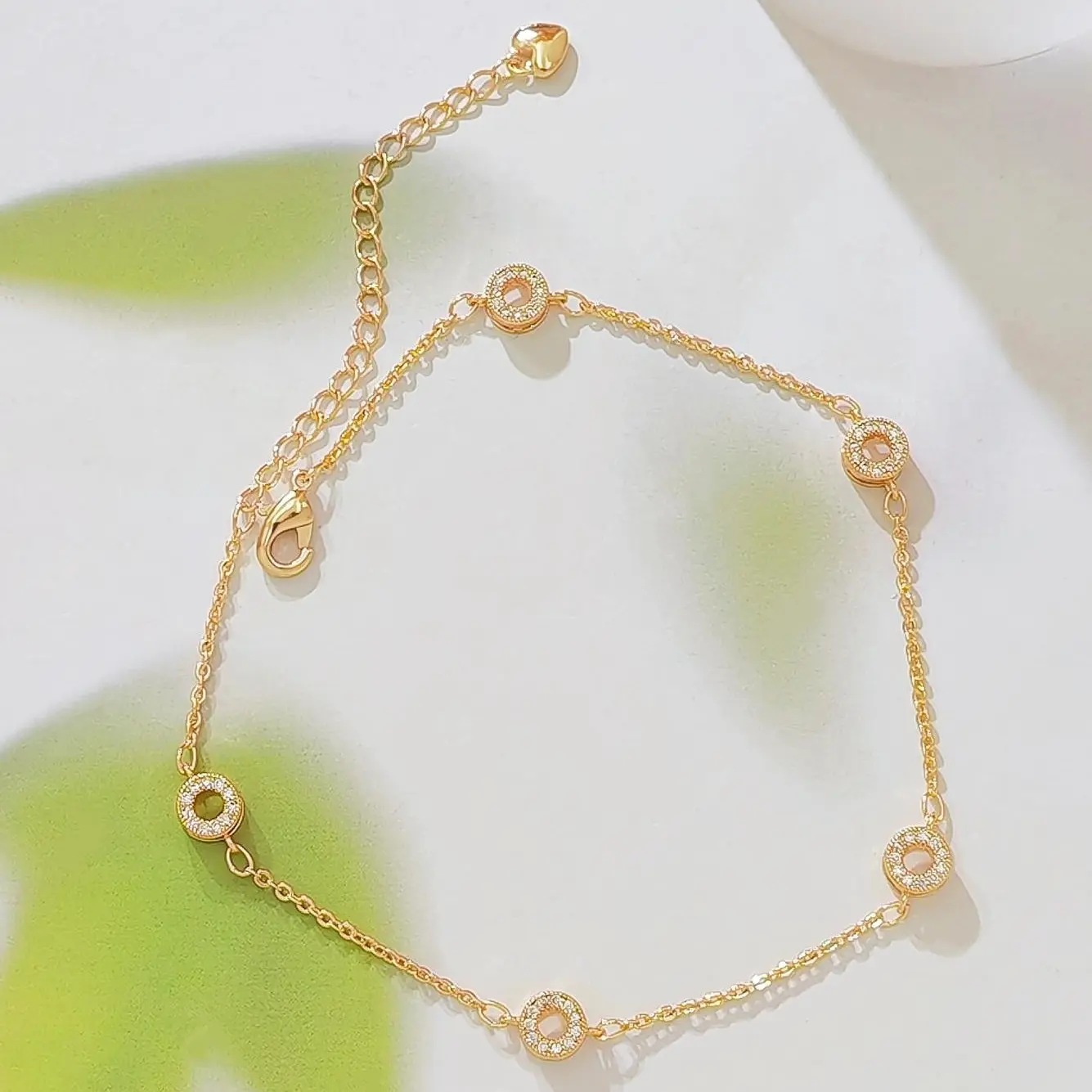 14K Gold Plated Paved CZ Circle Station Bracelet, Dainty Thin Sparkly Open Ring Zircon Chain Bracelet with Heart Adjustable Extension, Waterproof Tarnish Resistant Stainless Steel Stackable Wrist Jewelry for Women
