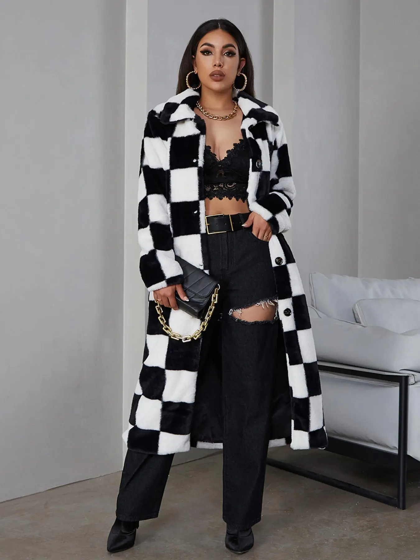 Women's Plaid Print Button Front Faux Fur Coat, Chic Casual Long Sleeve Pocket Collar Outerwear For Fall & Winter, Women's Clothing For Daily Wear