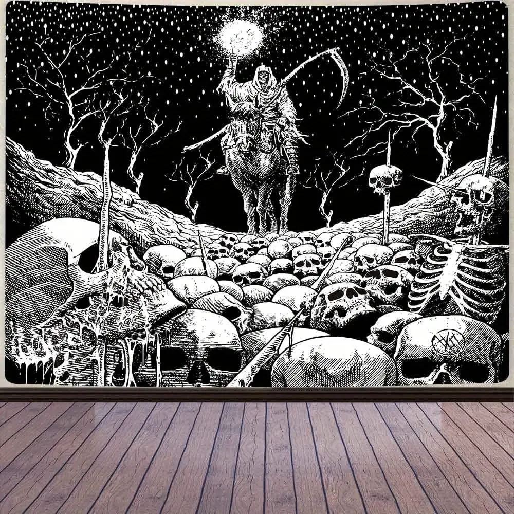 Gothic Style Grim Reaper Skull Flannel Tapestry for Adults & Horror Lovers, Hangable Washable Print Wall Hanging, Animal-Infused Gothic Fantasy Indoor Home Decor for Men’s Bedroom, Animals, Flannel Print