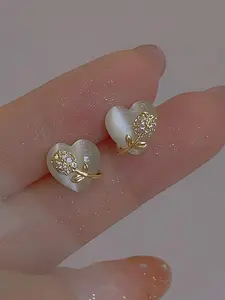 Heart Shaped Artificial Zircon Decorated Stud Earrings, Fashionable Jewelry for Women, Trendy All-match & Exquisite Jewelry for Birthday Gift