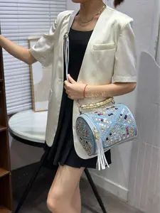 Korean Style Mini Handbag for Women with Sparkling Rhinestones Trendy Denim Crossbody Bag Fashionable Elegant Designer Purse Lightweight Everyday Clutch Bag