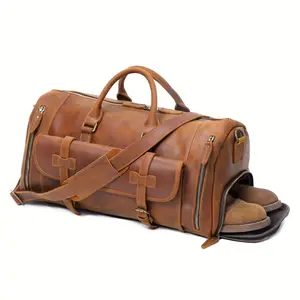 Vintage Leather Travel Duffle Bag, Large Capacity Sports Gym Bag, Crazy-horse Leather Weekender Overnight Bag
