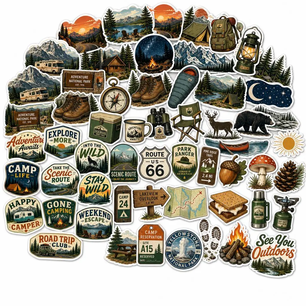 60pcs National Park Outdoor Vinyl Stickers Pack - Classic Unisex Vintage Retro Travel Poster Waterproof Decals by Small Biz for Customizing Water Bottles, Adding to Journals, Lakes Themed DIY Scrapbooking & Stamping