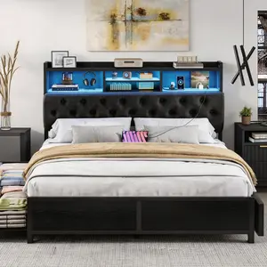 Black Summergarden Queen Size Metal Platform Storage Bed Frame with Upholstered Headboard, Upholstered Footboard, Charging Station, LED Lights, Underbed Storage, Easy Assembly, Noise-Free Design, Platform Storage Bedframe