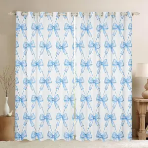 Blue Bow Curtains Cute Bowknot 30%-50% Room Darkening Blackout Curtain,Boys Girls Kawaii Blackout Curtains,Bow and Stripes Window Treatments