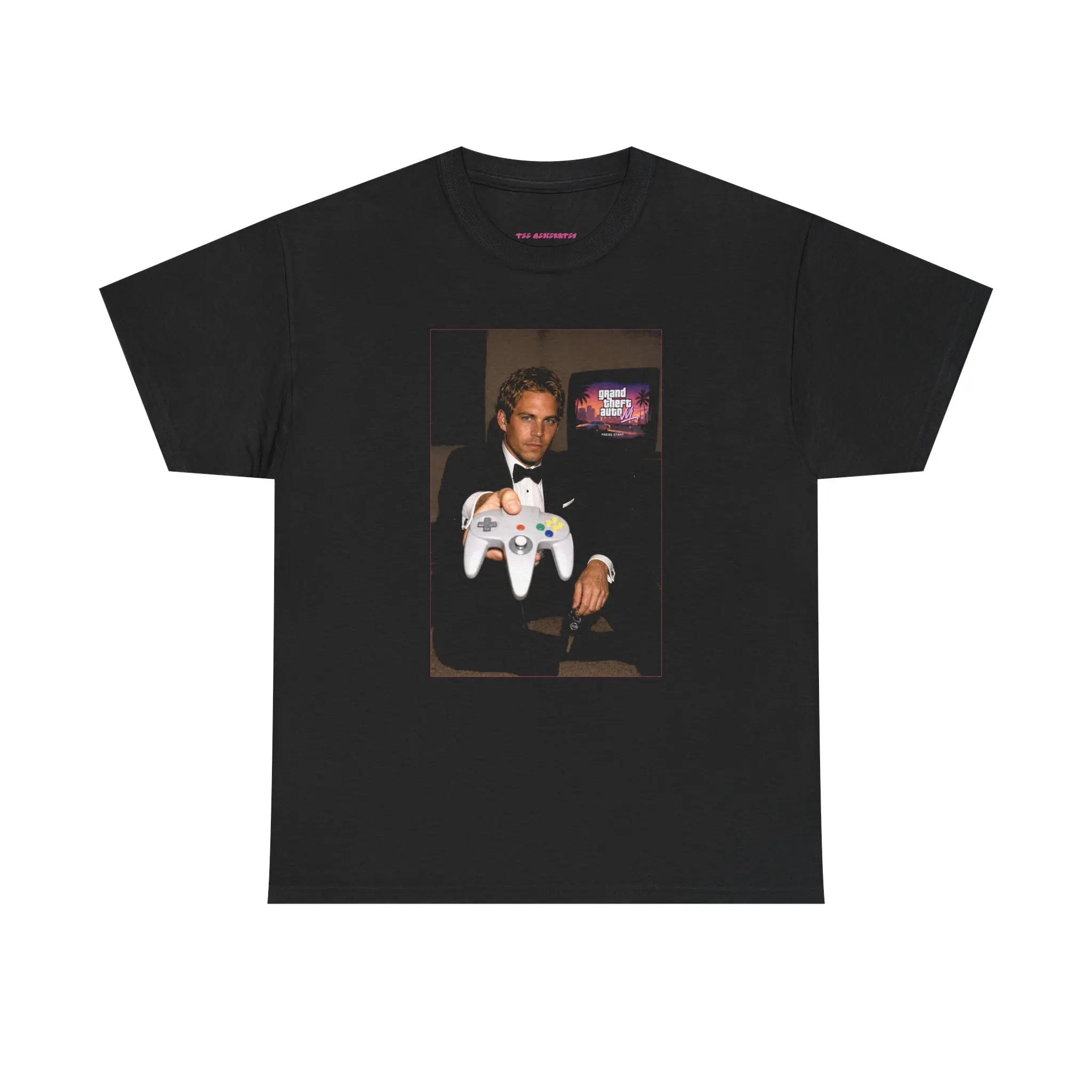 Unisex Organic Cotton Graphic T-Shirt | Paul Walker/Brian O'Connor Graphic | Retro Tuxedo Gamer Illustration T-Shirt | Vintage Controller, 90s Arcade Vibe | Trending | Viral