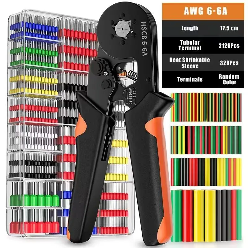 2164pcs Mini Electrician Crimp Set, Hand Tools, Tool Set, Suitable for HSC8 6-6 Crimp Pliers 0, 25-6mm² / AWG23-10, Includes 2000pcs of 7 Sizes VE Tube Type Terminals + 164pcs of Thermal Insulation, with Plastic Handle and Wire Repair Clips