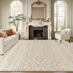 Velvet Living Room Carpet, Moroccan Style Patterned Rug, Soft Short Pile, Easy Care and Cleaning, Ideal for Bedroom and Study
