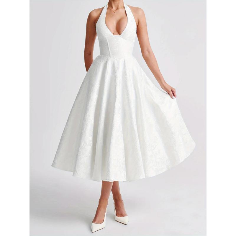 Women'S Elegant Jacquard Halter Neck Sleeveless Open Back A-Line Maxi Dress - Low-Cut Formal Party Evening Gown with Train, Solid White All-Season Evening Dress for Weddings, Proms & Special Occasions, Structured Waist & Flowing Skirt, Year