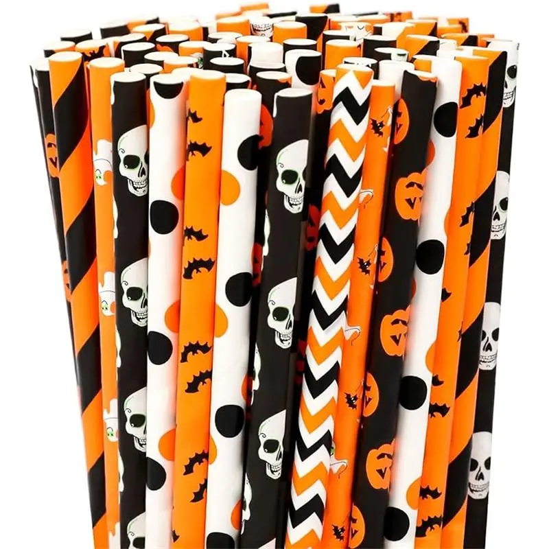 Halloween Paper Straws,200 Pcs Biodegradable Paper Drinking Straws For Halloween Party Supplies 10 Mixed Styles, Ghosts, Skulls, Pumpkins, Bats and Other Elements.