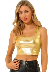 INSPIRE CHIC U Neck Sleeveless Party Clubwear Holographic Shiny Metallic Crop Top
