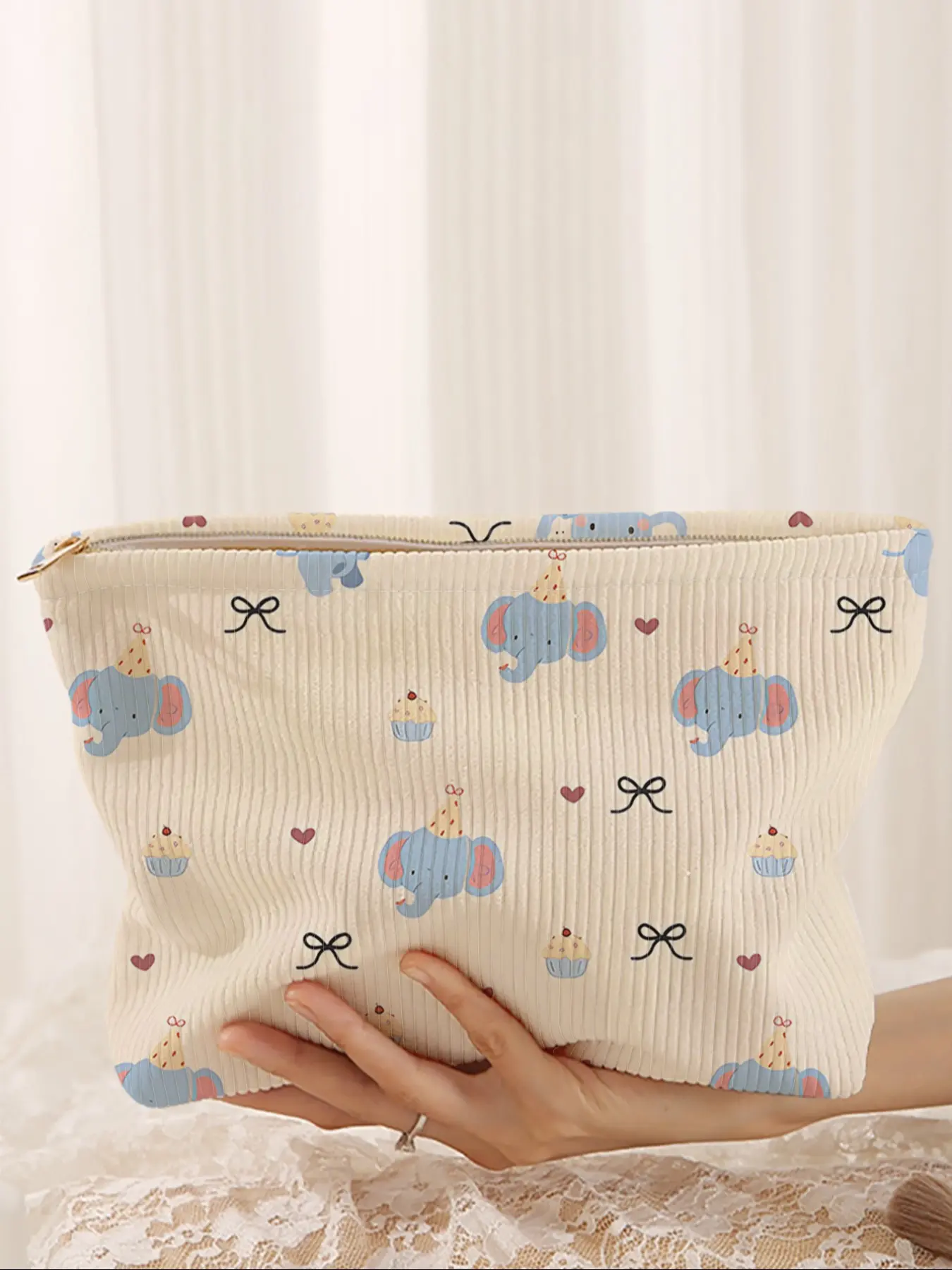 Cute Elephant Printed Corduroy Makeup Bag, Cartoon Style, Lightweight Multi-Functional Fashion Casual Handheld Cosmetic Pouch, Travel Organizer