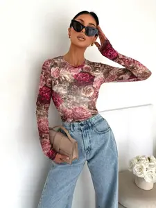 Women's Casual Vintage Floral Print Round Neck Long Sleeve T-Shirt, Perfect for Spring & Fall, Fashionable Daily Wear Clothing