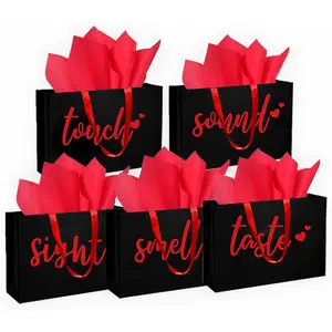 5 Senses  Bags Five Senses  Bags with Tissue Paper  Paper Bag with Ribbon Handles for Anniversary, Valentine's Day, Birthday for Him Husband Boyfriend (Red black)
