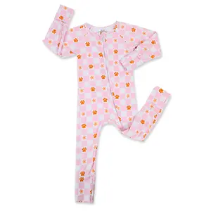 “Paw Checker Pink Slumber” Bamboo Fiber Newborn to 24 Months Infant Toddler Footed Onesie Romper - Ultra Soft Breathable Hypoallergenic Baby Sleepwear - Two-Way Zipper for Easy Diaper Changes Snug Safe Fit kids loungewear