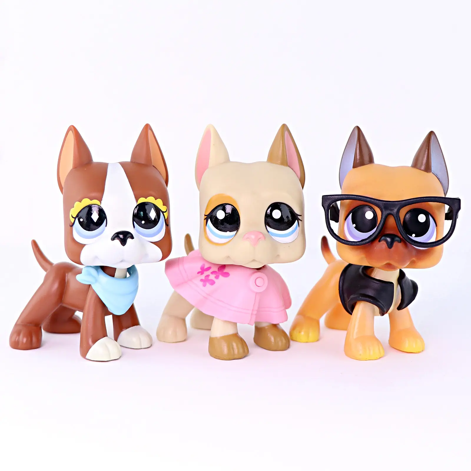 3 Pcs Mini Bulldog Figurines Set, Cartoon Short Hair Puppy Mini Figures with Bandana, Floral Coat, Glasses & Vest Outfit Accessories, Collectible Small Animal Statues, Birthday Party Gift for Girls Kids Collectors