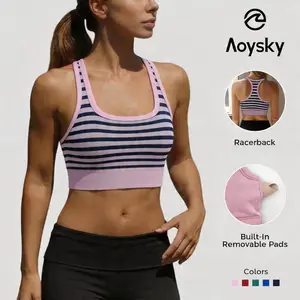 Aoysky Women's Racerback Ribbed Padded Low-Impact Scoop Neck Longline Striped Athletic Cami Sports Bra, Women Workout Clothes, Running Workout Bras, Athleisure Essential