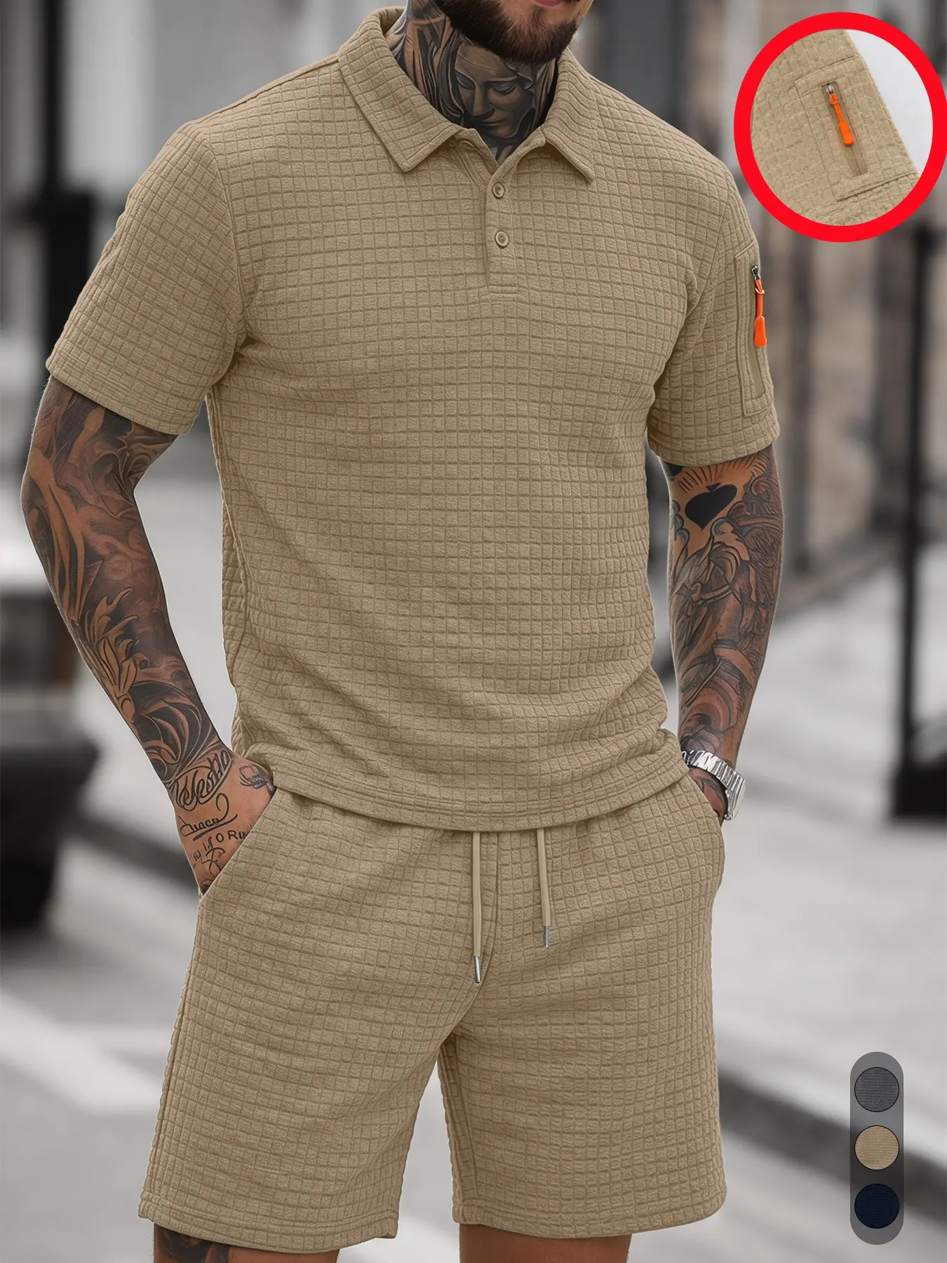 Men's 2-Piece Waffle Knit Clothing Set - Short-Sleeve Button-Up Polo Shirt, Drawstring Waist Shorts, Casual Summer Home/Outdoor Beachwear, Multi-Color Options