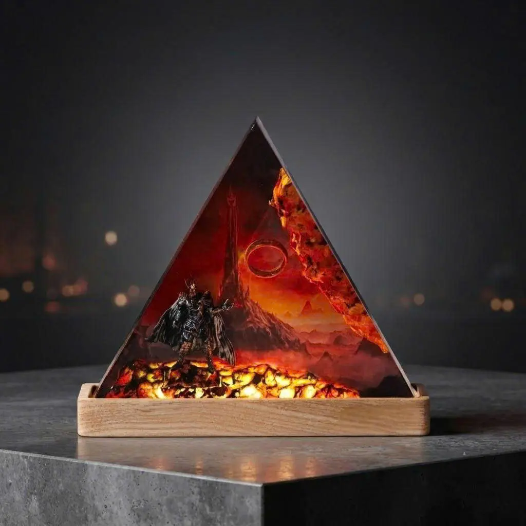 Handmade Pyramid Epoxy Resin Night Light, Dark Lord Volcanic Mountain Diorama LED Lamp with Magic Gold Ring, Unique Desk Decor, Collectible Art Piece for Fantasy Fans