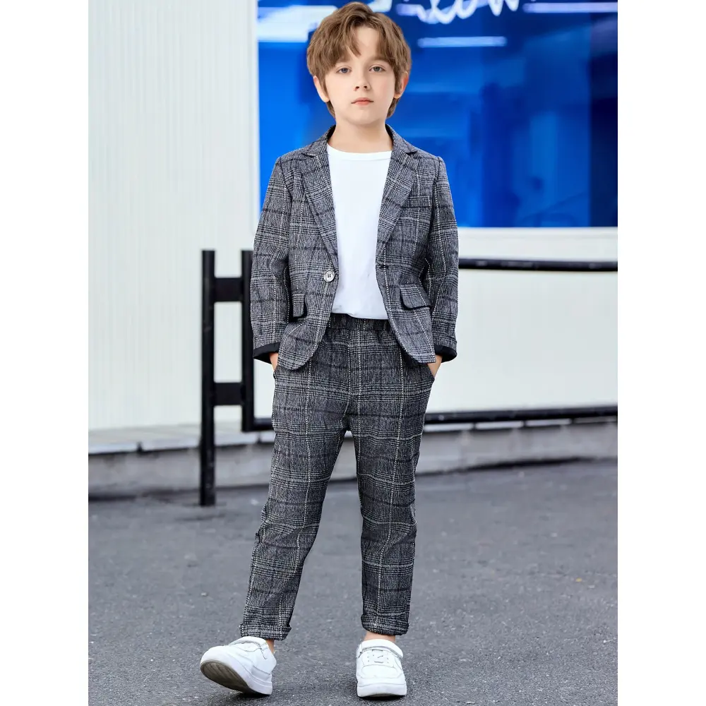 Boys' British-Style 2-Piece Formal Wear Set, Polyester Long Sleeve Blazer & Pants, All-Season Formal Attire for Weddings & Performances, Size 11-12Y