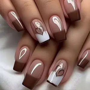 Autumn Winter French Texture Coffee Color Nail Art, Short Square Heart Pattern Design, Fashionable Manicure for Women & Girls