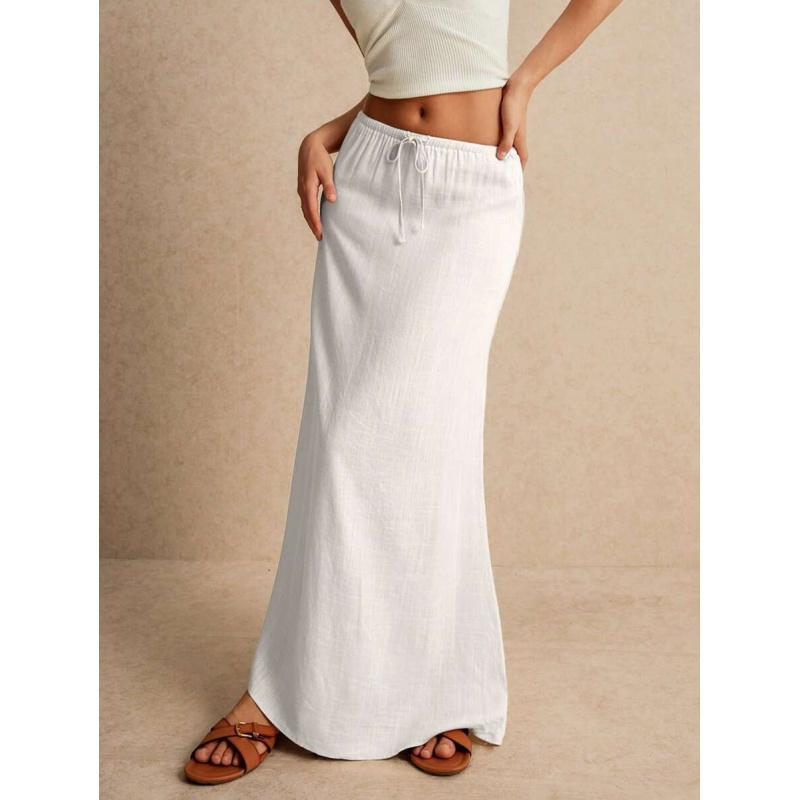 LYD- Women's White Maxi Skirt - Minimalist Drawstring Linen Fabric, Regular Fit, Casual Style, All Seasons Bottoms for Home Wear -LYD sport summer smash women leopard vertical bell