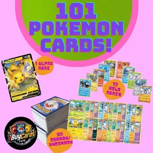 101 Pokémon Cards MEGA Deluxe Bundle - 90 Common/Uncommon, 1 Ultra or Double Rare + 10 Holo Rare Cards - Perfect for Kids & Collectors!