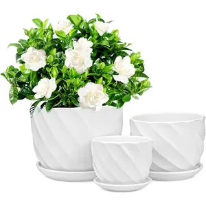 Set of 3 Round Modern Ceramic Planter Pot Small to Large Sized Garden Flower  Pots White Succulent Cactus Containers with Drainage and Saucer