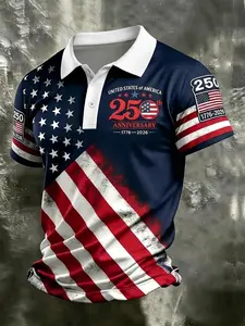 Patriotic American Flag Polo Shirt Top for Men, Casual Polo Shirts, 250th Anniversary 1776-2026, Sporty Fitted Geometric Design, Ideal for 4th of July Gifts