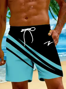 Men's Blue Colorblock Casual Athletic Shorts, Simple Vacation Style, Perfect for Beach Vacations and Summer Daily Wear, Swimming Shorts