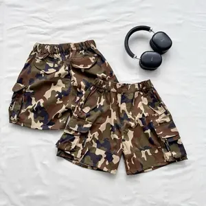 Camouflage Cargo Shorts - Wide-leg cargo khaki shorts in green, unisex fit for men and women