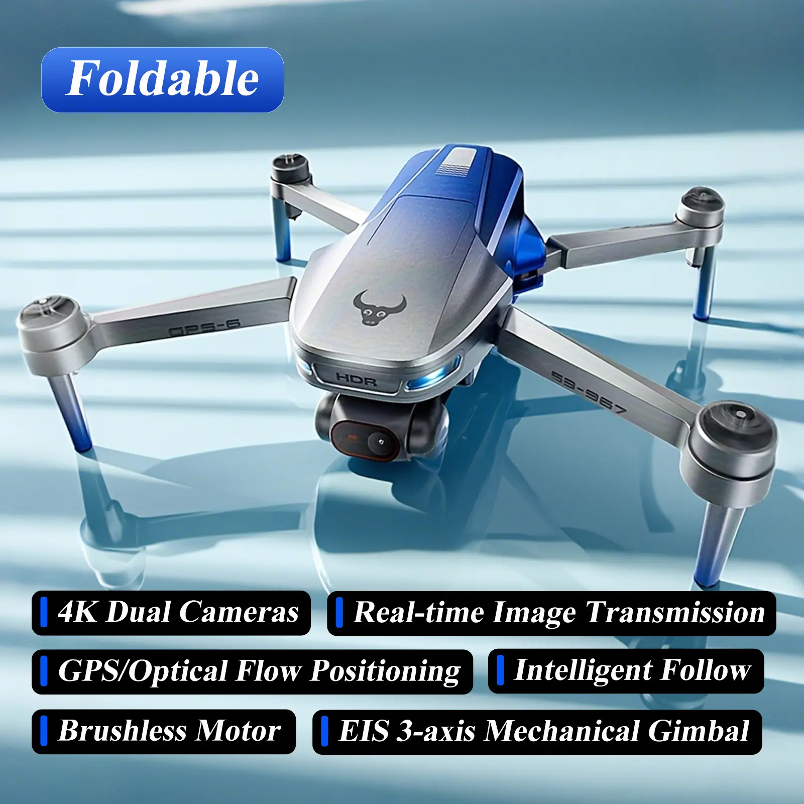 Foldable GPS Drone with 4K Dual Cameras, EIS 3-axis Mechanical Gimbal, Optical Flow Hovering, Intelligent Return, Brushless Motor, Rechargeable 7.4V 3800mAh Battery, 25+Minutes Flight Time Per Battery, 1000m RC Distance, Trajectory Flight