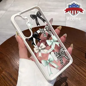 Magnetic Phone Case Compatible with Galaxy S23 Ultra S24 Plus FE S25 S22+ Leopard Print Bow Pattern Transparent Acrylic Back TPU Edges Drop-Proof Lightweight Cover