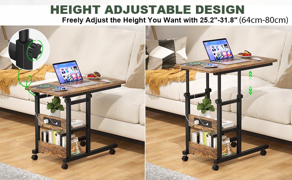 C Shaped End Table Height Adjustable - Couch Side Table with Charging Station, TV Tray with Wheels Slide Under Sofa for Small Spaces, Living Room Bedroom