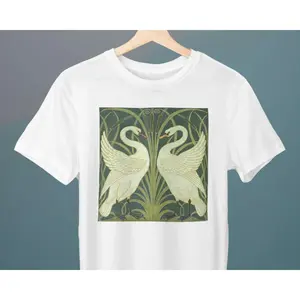 Men's Swan and Nature Art Graphic T-Shirt - Short Sleeve Crew Neck Regular Fit Casual Wear | Soft & Breathable Fabric, Durable Print, Everyday Comfort, Machine Washable, Art Nouveau Two swans standing among reeds and irises in a symmetrical, decorative