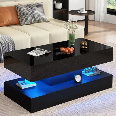 47.3in/39.37in Large High Glossy LED Coffee Table with 2 Storage Drawers,Black/White Modern Coffee Tables for Living Room,Living Room Tables,APP LED Lights (White/Black)