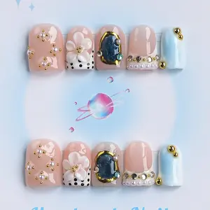 Nailssbysheccid, 10pcs press-on nails, French nail art, square shape, 100% handmade, simple style, combined with French style, suitable for family dinners, dates, weddings, gift for girls, comes with jelly glue, crystal sticks and twisting rods