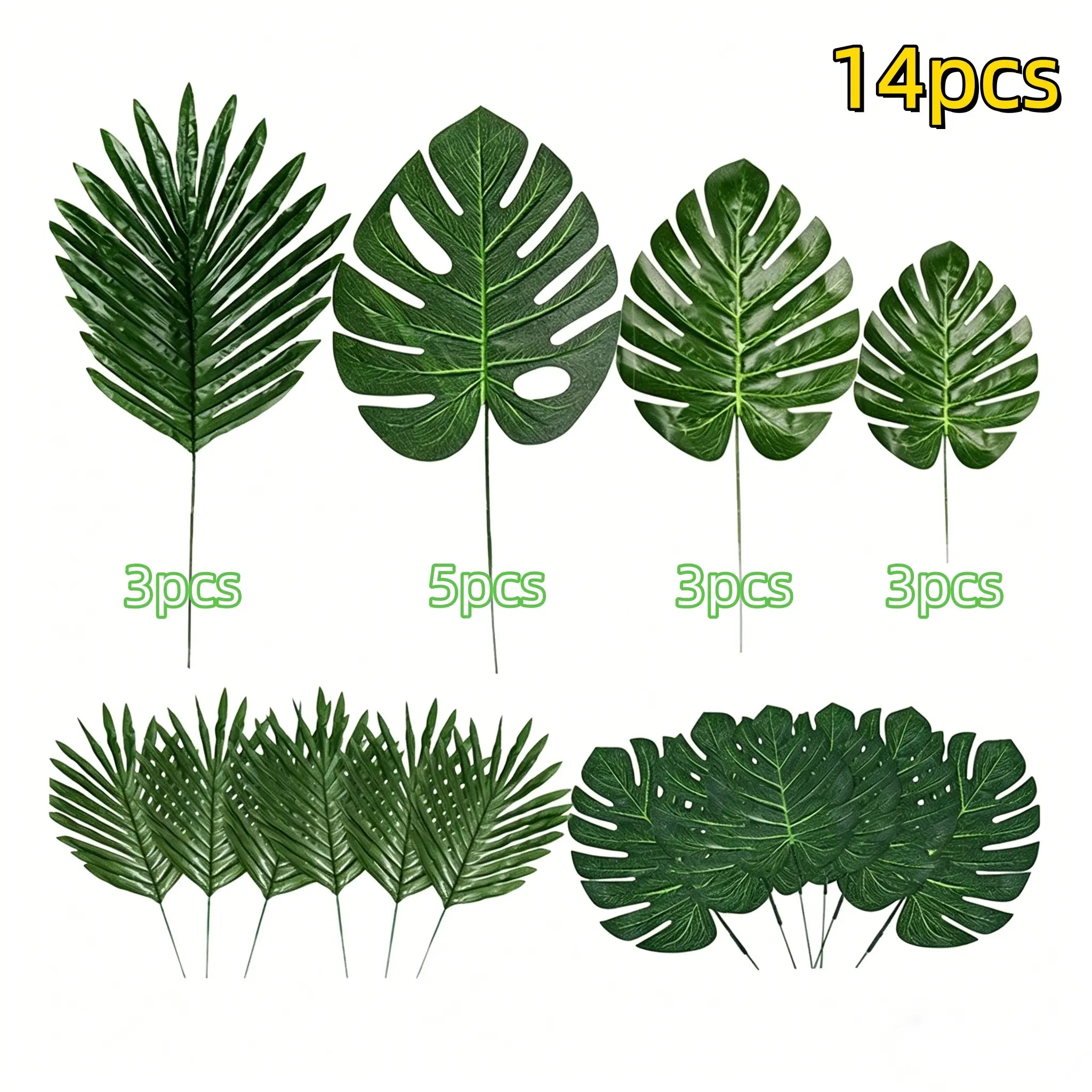 14Pcs 4 Styles Artificial Tropical Palm Leaves, Fake Plants, Artificial Simulation Plant, Realistic Monstera Leaves, Hawaiian Jungle Greenery, Floral Arrangement Accessories Set. Ideal for wedding, birthday, tropical party and luau background decor.