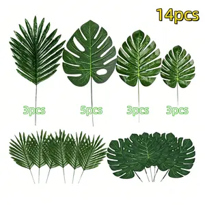 14Pcs 4 Styles Artificial Tropical Palm Leaves, Realistic Monstera Leaves, Hawaiian Jungle Greenery, Floral Arrangement Accessories. Ideal for wedding, birthday, tropical party and luau background decor.