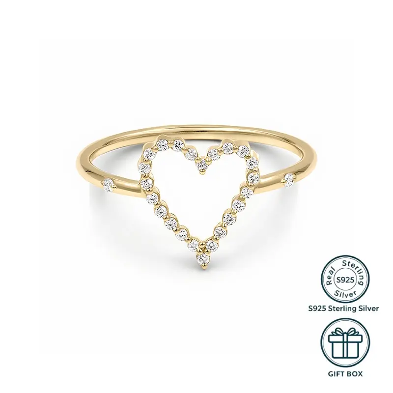 Women's S925 Sterling Silver Small Hollow Heart Promise Ring - Prong-Set Heart Cut Cubic Zirconia, Dainty Jewelry for Anniversary/Valentine's Day Promise Ring Gifting, Sizes 6-8, Dainty Look, Prong-Set Heart Cut Rings
