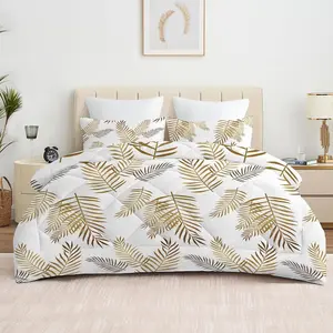 3-piece white-golden palm leaf printed diamond-shaped quilted bedding set (1 quilt + 2 pillowcases, without pillow core), with quilt filling of 200gsm, soft and breathable, suitable for bedroom, dormitory and home decoration, available in multiple sizes