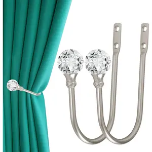 Curtain Holdback, 2pcs Wall Mounted Drapery Tiebacks With Clear Crystal Ball, Heavy Duty Metal Decorative Window Drapery Curtain Holder Curtain Hooks With Screws, Silver